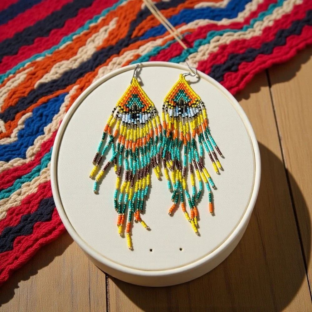 Colorful Bohemian Evil Eye Beaded Fringe Earrings